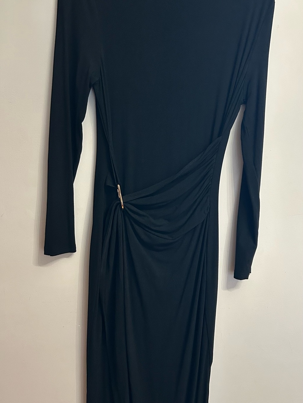 Elegant Black Long-Sleeve Drape Waist Dress